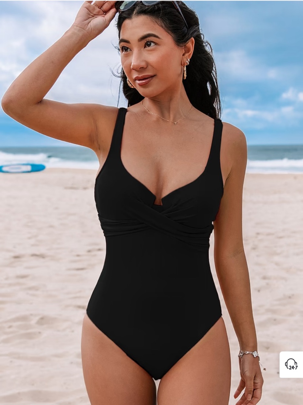 Classic Black One-Piece Swimsuit - underwire notched Neckline adjustable strap